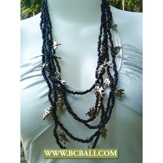 Fancy Design 5 Strand Black Beaded mix Chain Necklace